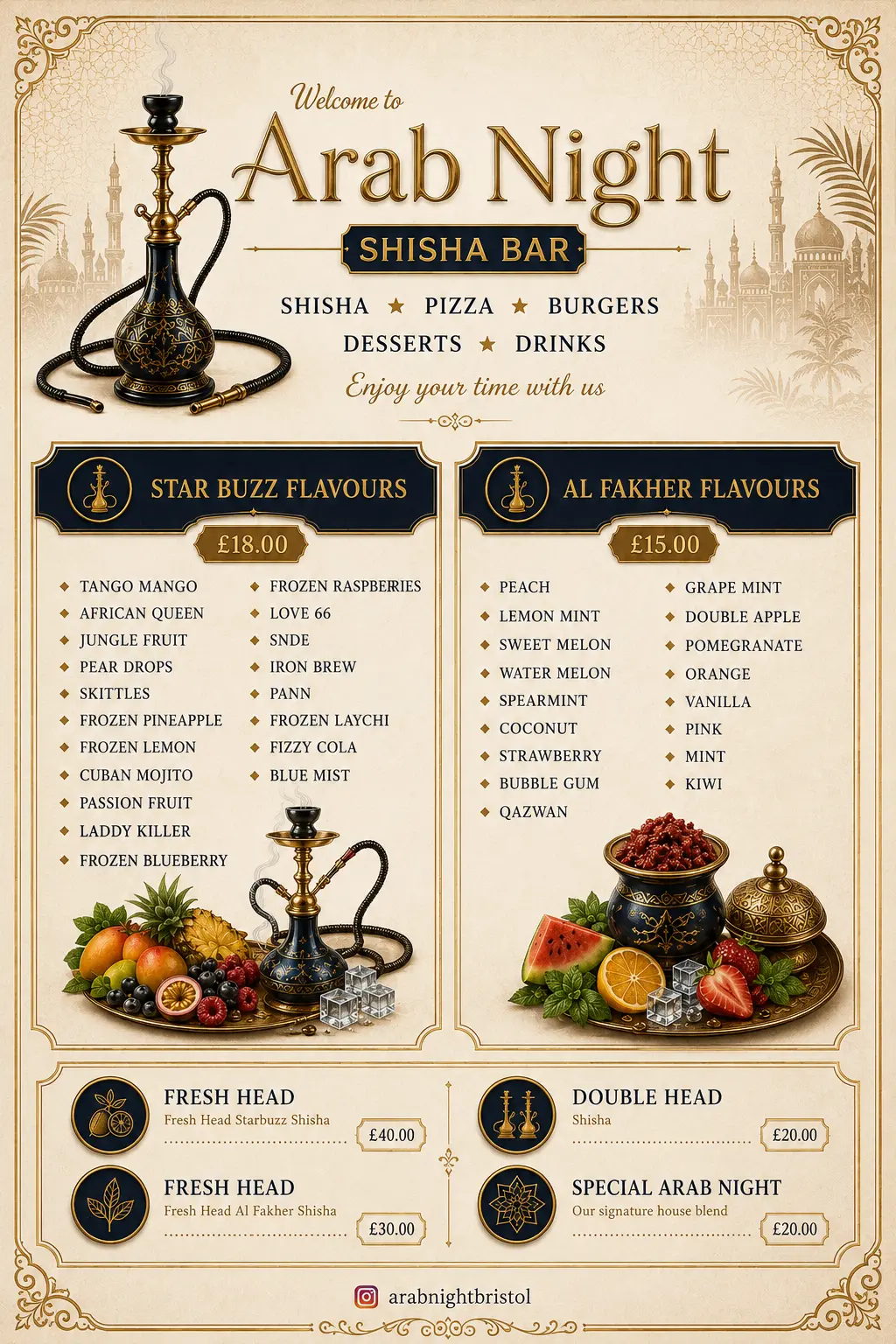 Arab Night shisha menu — Star Buzz and Al Fakher flavours with prices